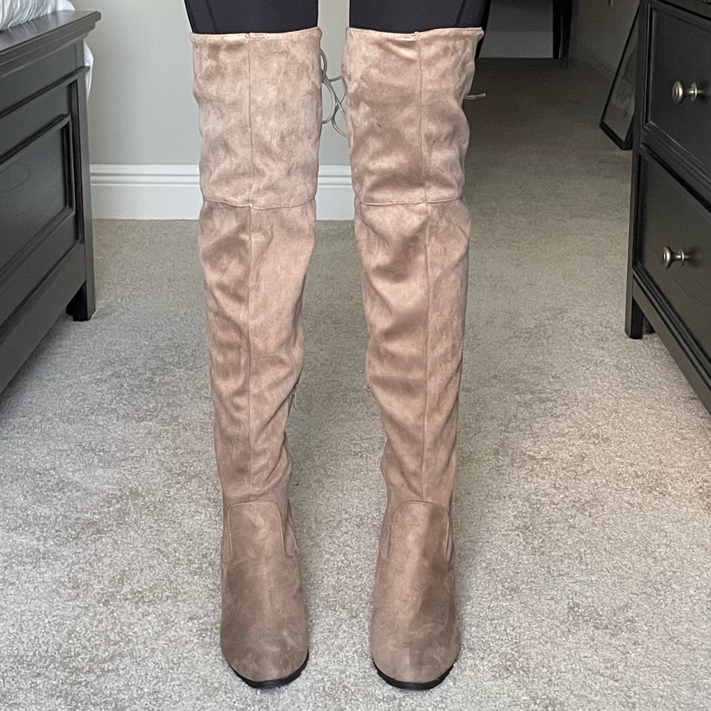 Qupid Taupe Over-the-Knee Suede Block Heel Boots - Picture 5 of 11